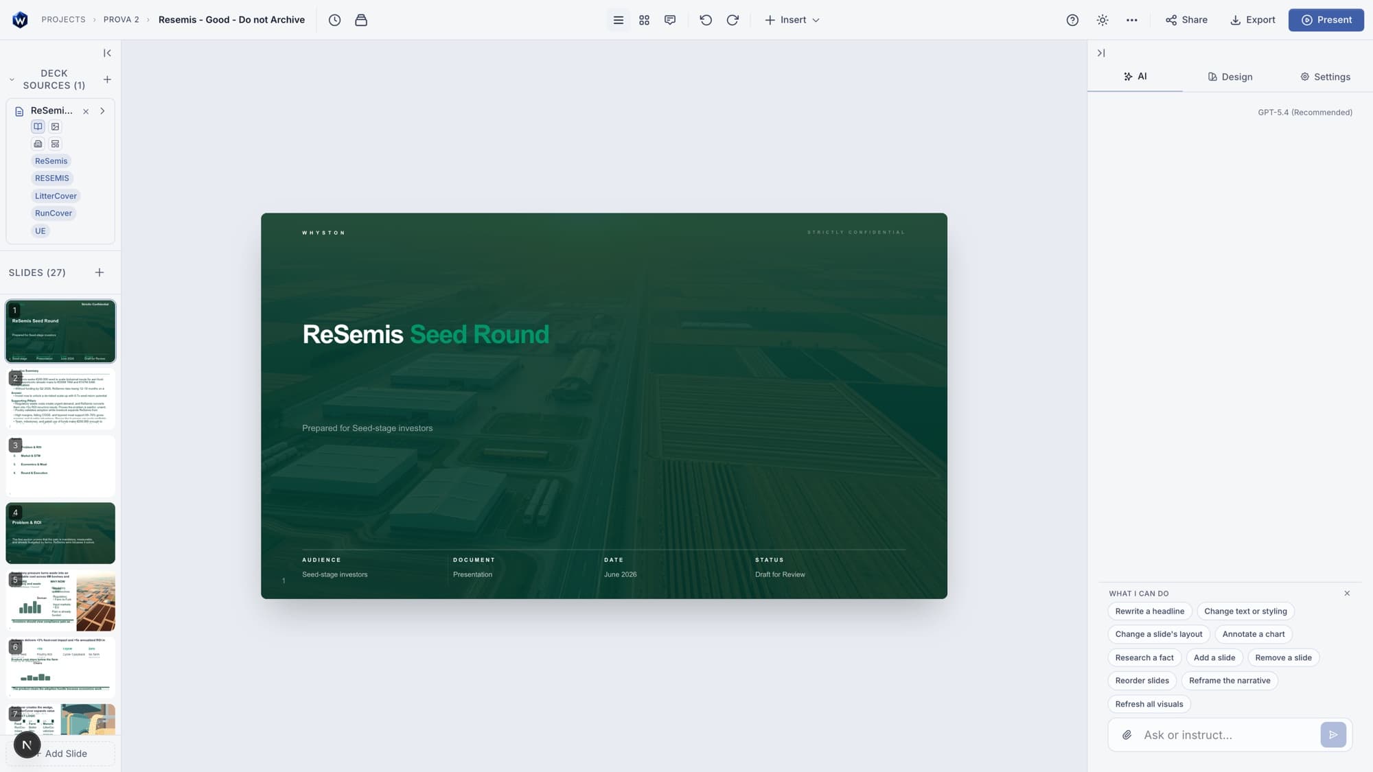 The Whyston editor: deck sources on the left, live storyline canvas, AI assistant on the right